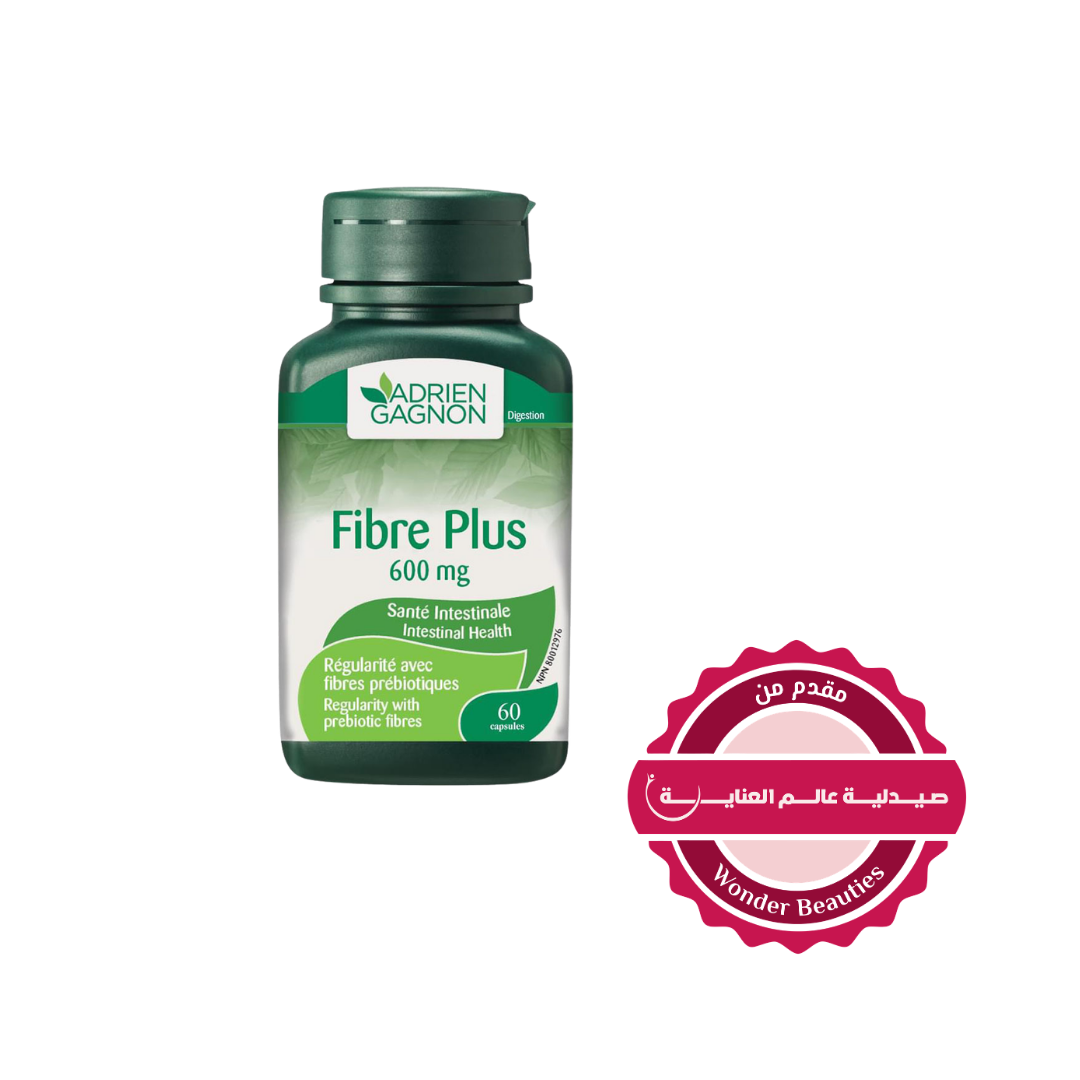Adrien Gagnon Fibre Plus capsules bottle, 600 mg prebiotic fiber supplement, 60 capsules green packaging.