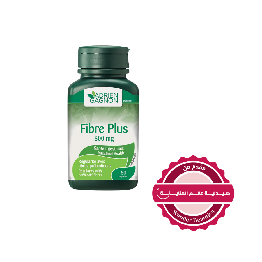 Adrien Gagnon Fibre Plus capsules bottle, 600 mg prebiotic fiber supplement, 60 capsules green packaging.