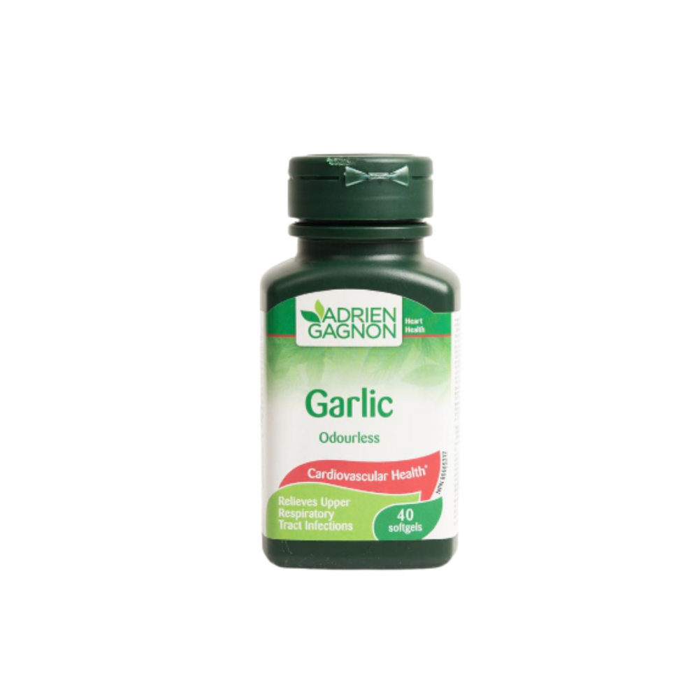 Adrien Gagnon Garlic Odourless, 40 softgels bottle, supports cardiovascular health and relieves upper respiratory tract infections.