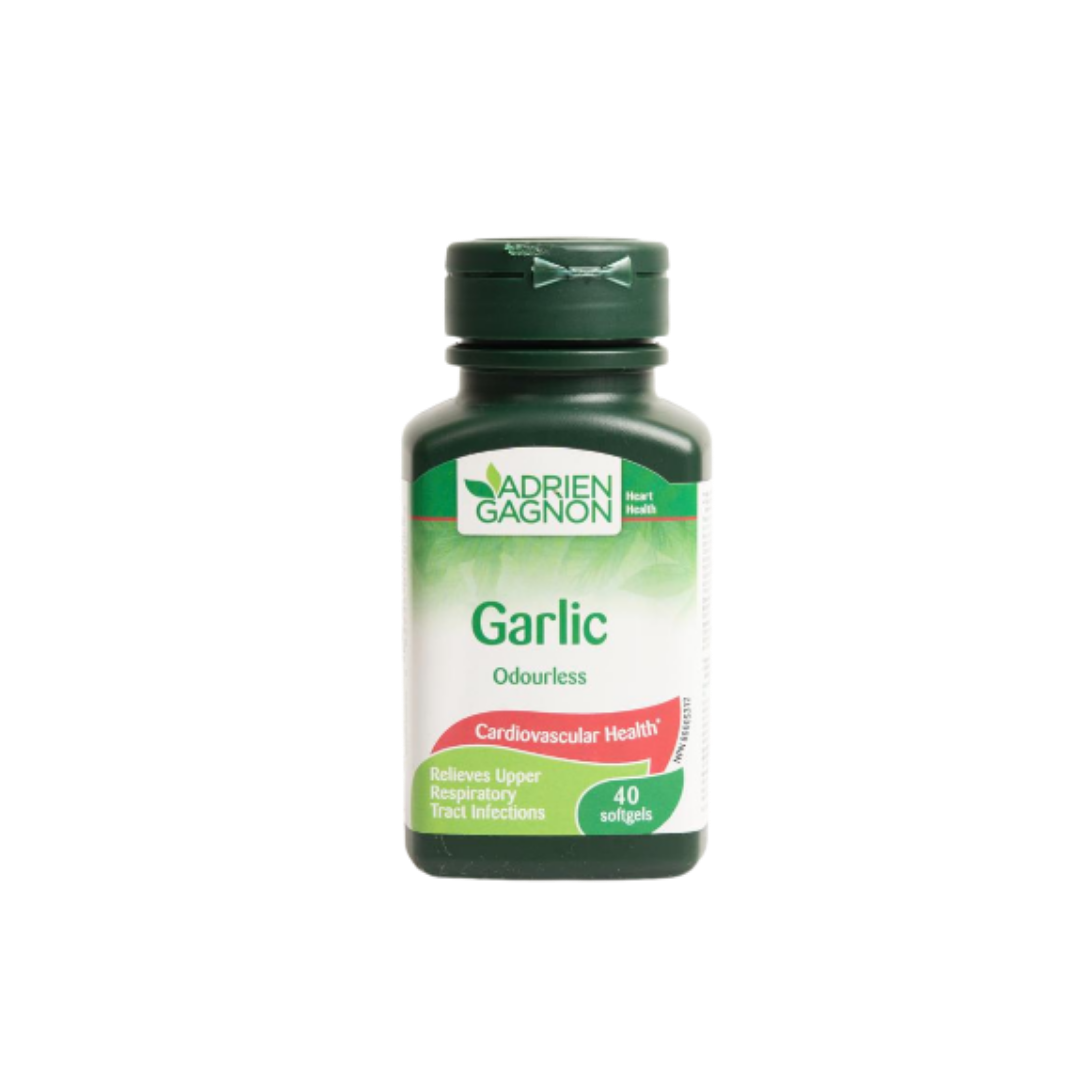 Adrien Gagnon Garlic Odourless, 40 softgels bottle, supports cardiovascular health and relieves upper respiratory tract infections.