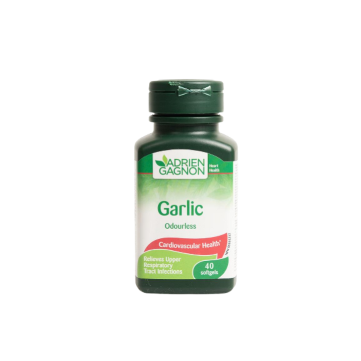Adrien Gagnon Garlic Odourless, 40 softgels bottle, supports cardiovascular health and relieves upper respiratory tract infections.