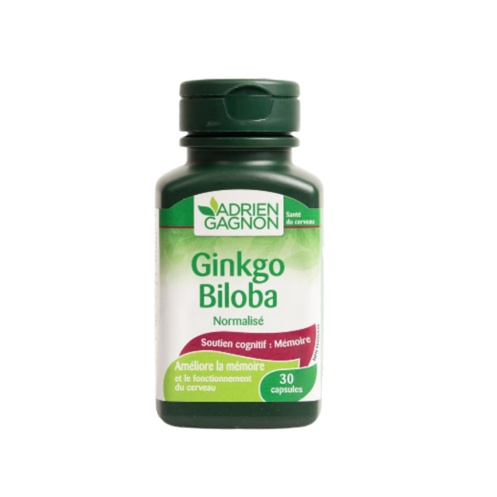 Adrien Gagnon Ginkgo Biloba, 30 capsules bottle, promotes cognitive support and memory enhancement.