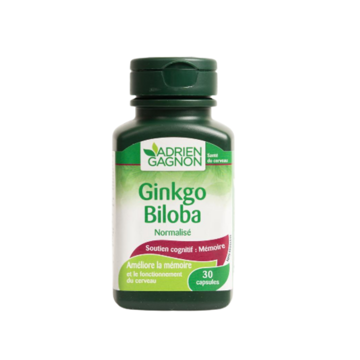 Adrien Gagnon Ginkgo Biloba, 30 capsules bottle, promotes cognitive support and memory enhancement.