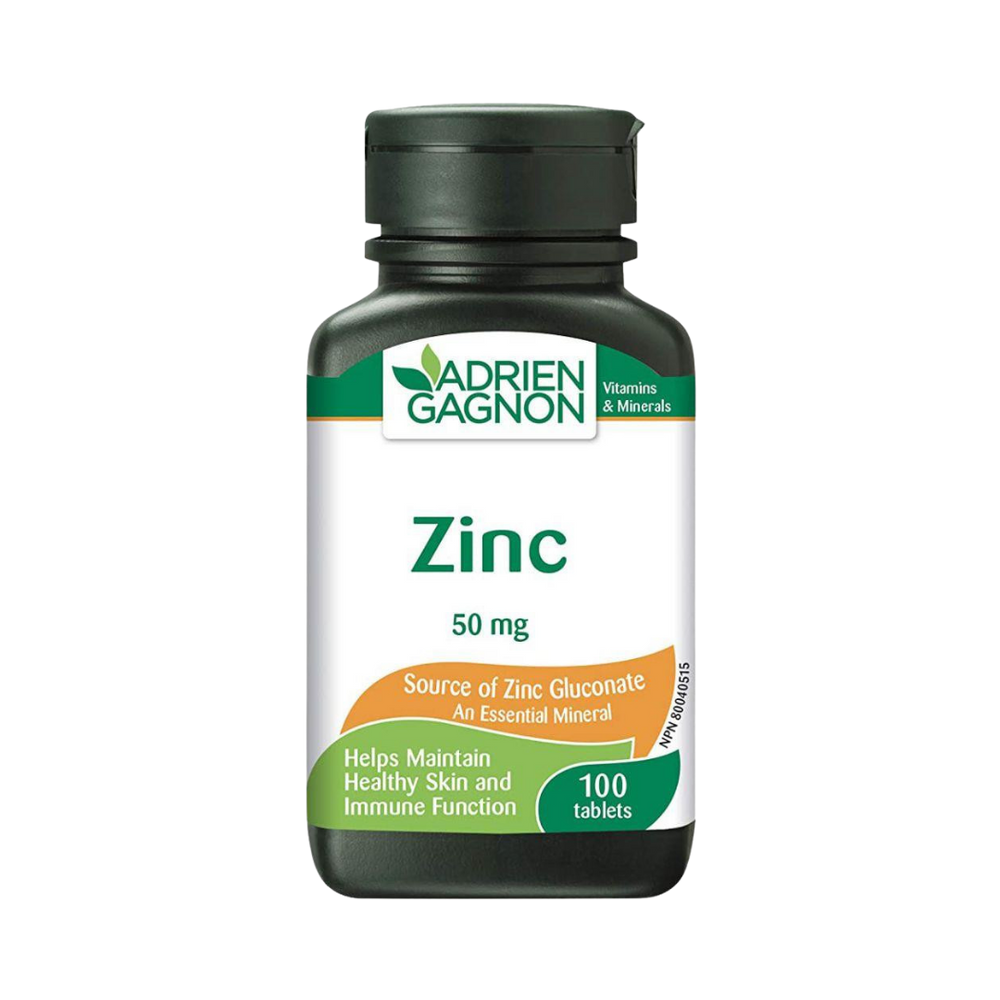 Adrien Gagnon Zinc 50mg, 100 tablets bottle, labeled as a source of zinc gluconate, promotes healthy skin and immune function.
