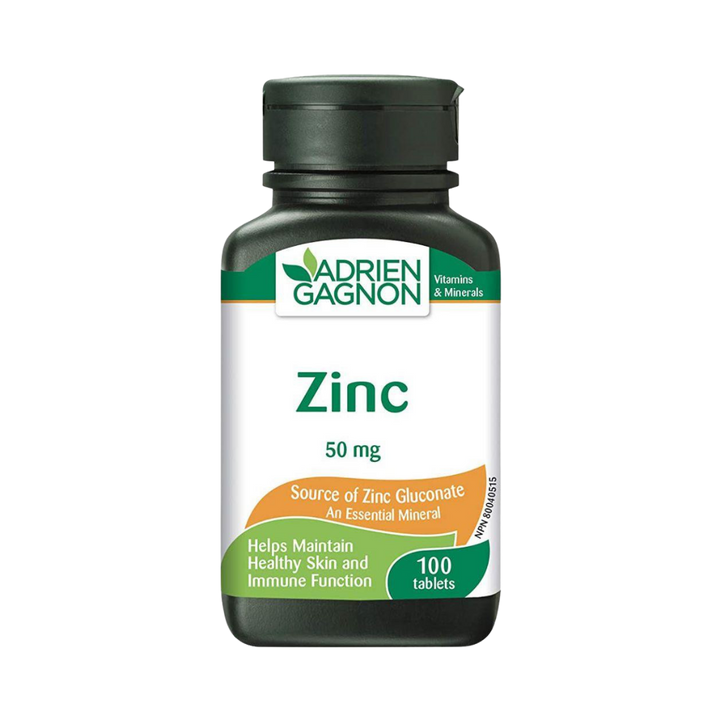 Adrien Gagnon Zinc 50mg, 100 tablets bottle, labeled as a source of zinc gluconate, promotes healthy skin and immune function.
