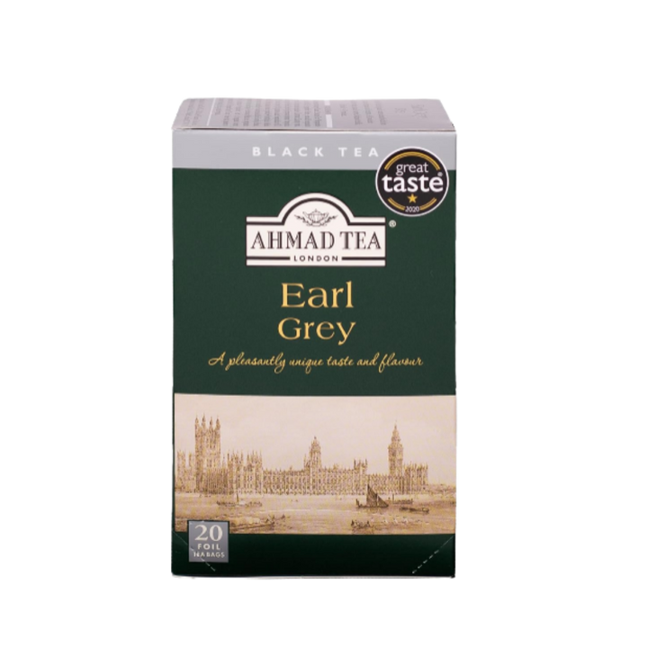 Ahmad Tea London Earl Grey Black Tea box packaging with 20 foil tea bags and London landmark illustration design.