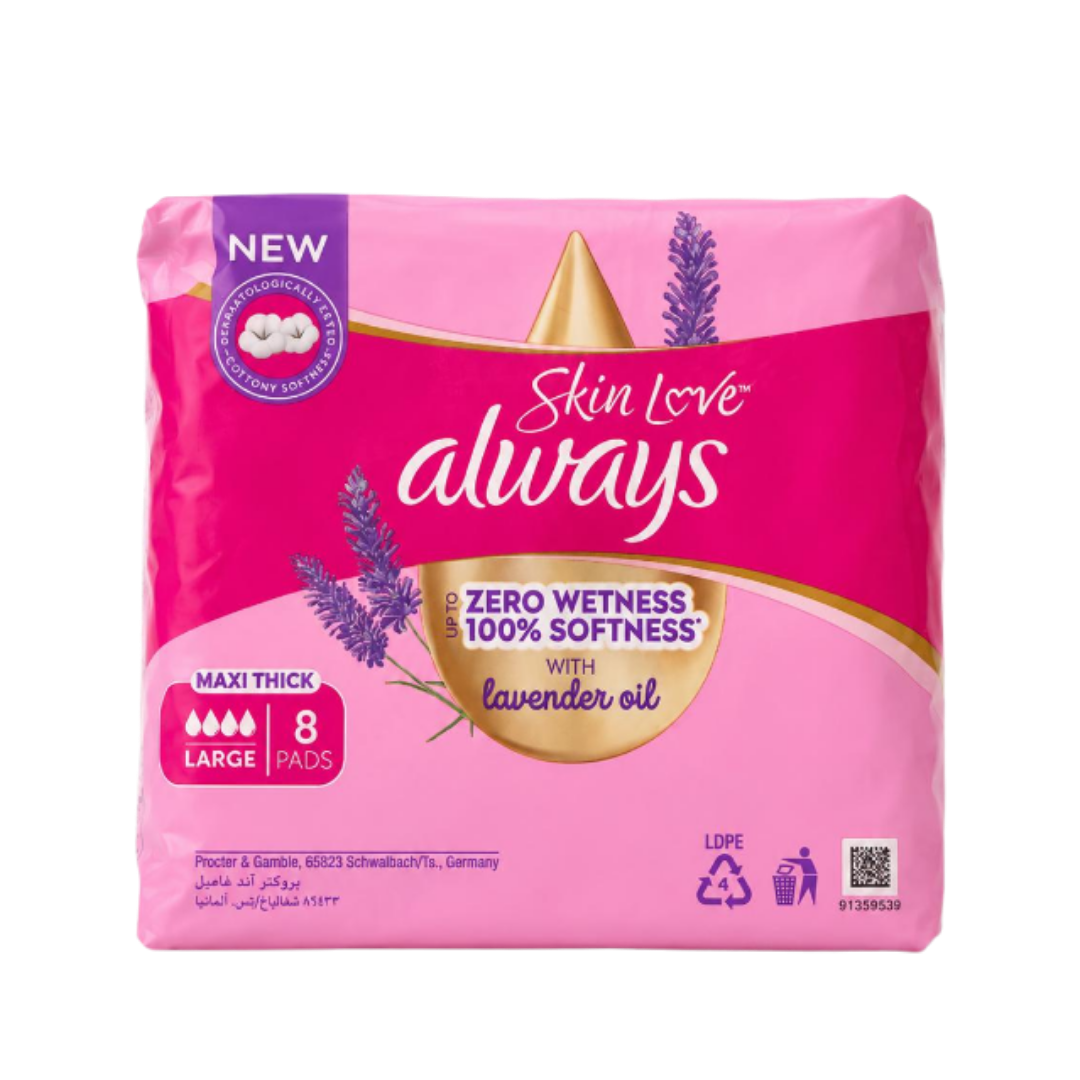 Always Skin Love lavender oil maxi thick large sanitary pads 8 pads pink pack.