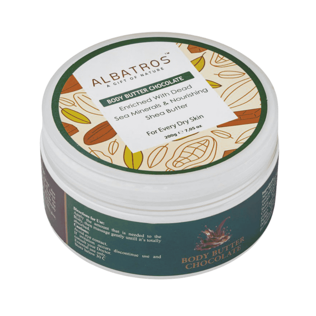 Albatros body butter chocolate 200g round jar moisturizing cream skincare packaging cocoa design