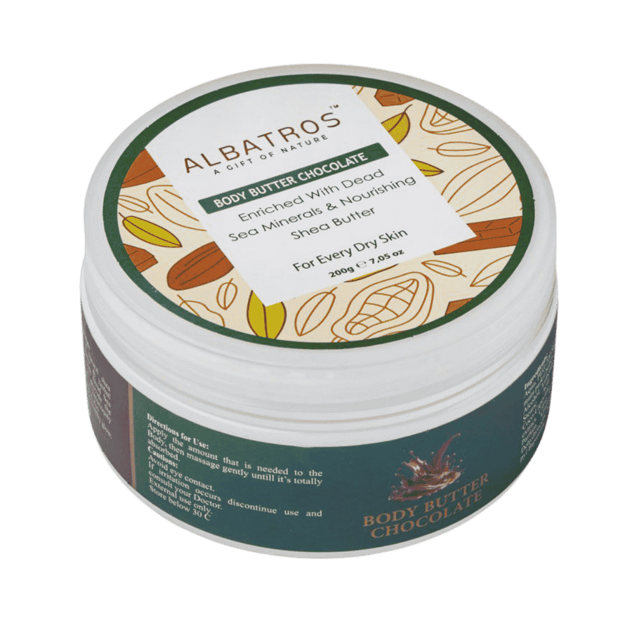 Albatros body butter chocolate 200g round jar moisturizing cream skincare packaging cocoa design