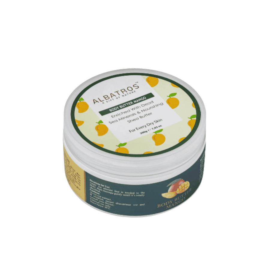 Albatros mango body butter 200g jar, nourishing body cream with shea butter and mineral oil