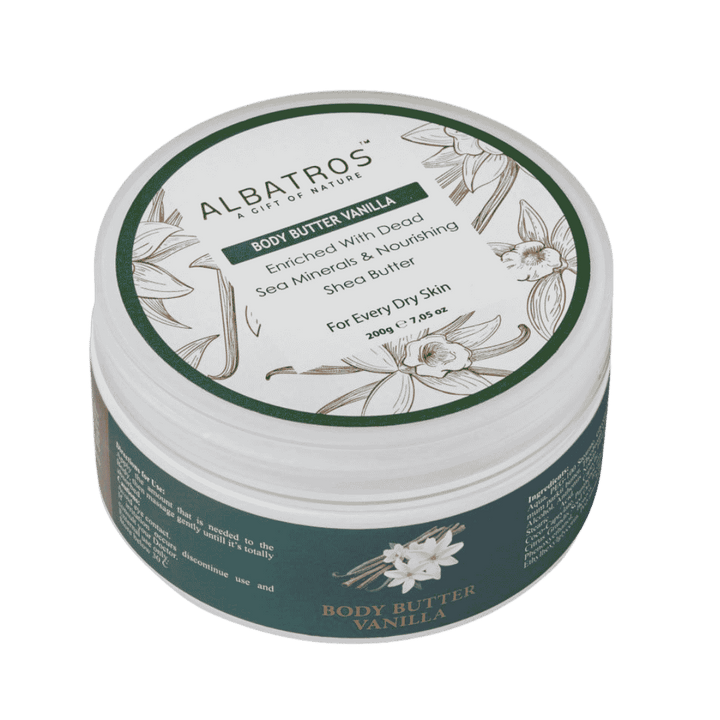 Albatros vanilla body butter 200g round jar green label moisturizing cream packaging skin care