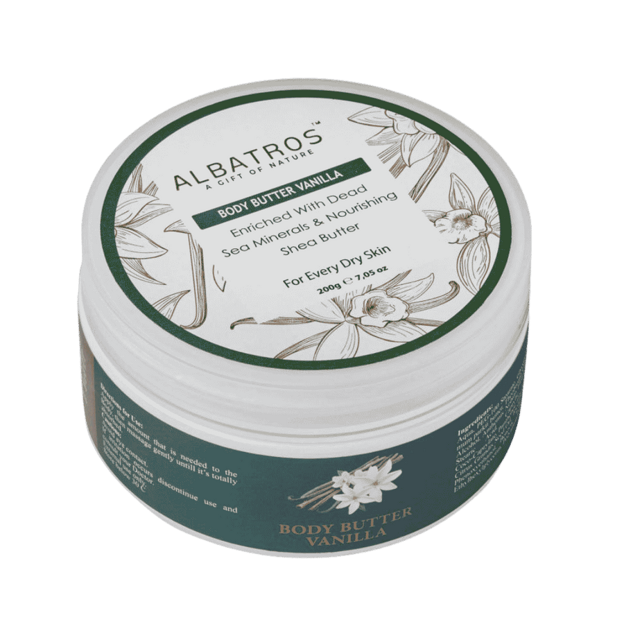 Albatros vanilla body butter 200g round jar green label moisturizing cream packaging skin care