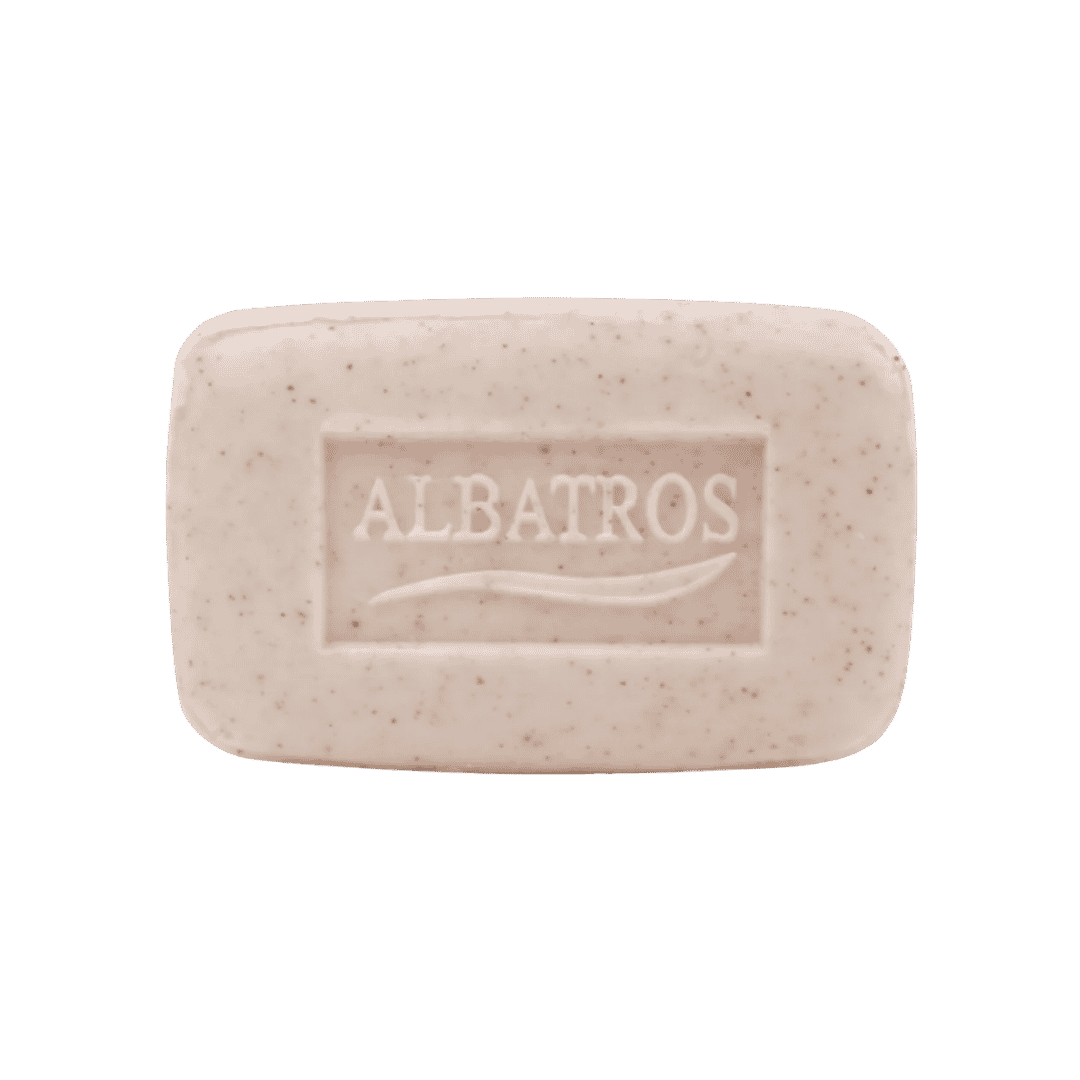 ALBATROS exfoliating soap bar, beige rectangular bar with speckled texture and embossed logo