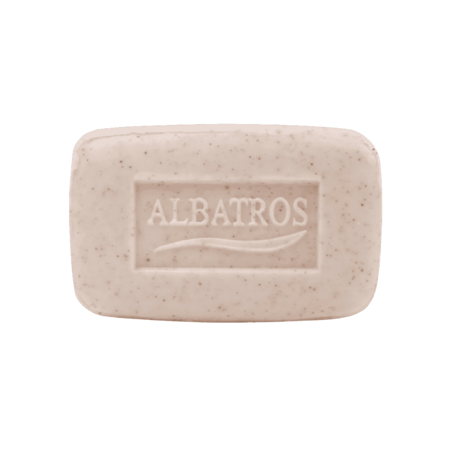 ALBATROS exfoliating soap bar, beige rectangular bar with speckled texture and embossed logo