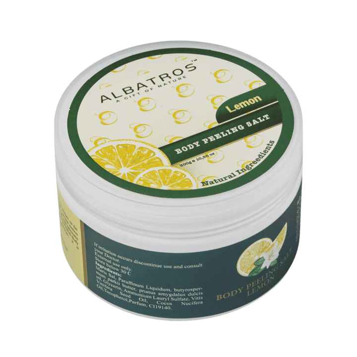 Albatros lemon body peeling salt 300g round jar green label exfoliating scrub packaging skincare