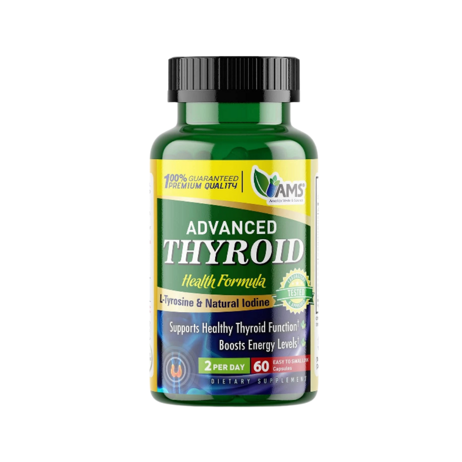 Advanced Thyroid Health Formula, 60 capsules, green bottle, "L-Tyrosine & Natural Iodine," "Supports Healthy Thyroid Function" and "Boosts Energy Levels" labels.