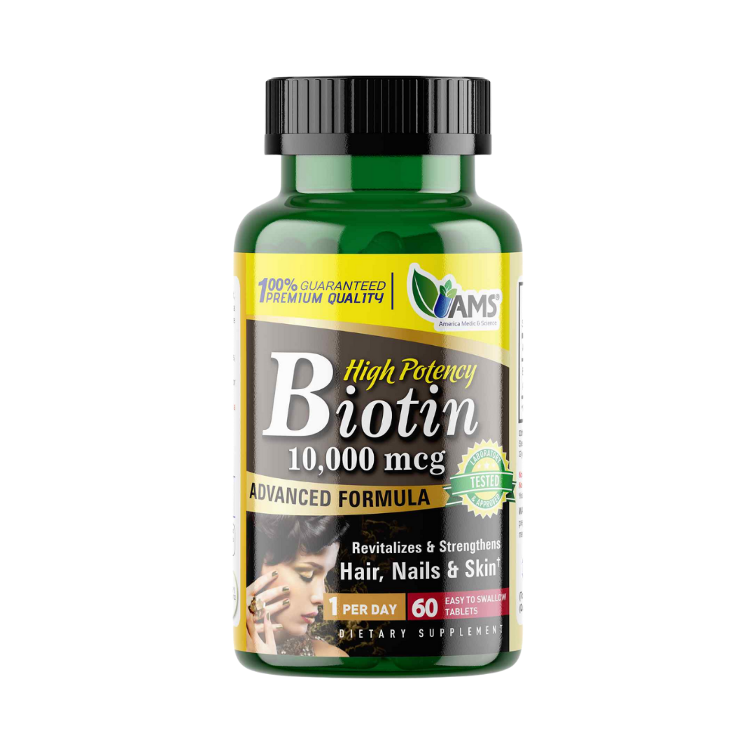 AMS Biotin 10,000 mcg dietary supplement, green bottle, 60 tablets, black cap
