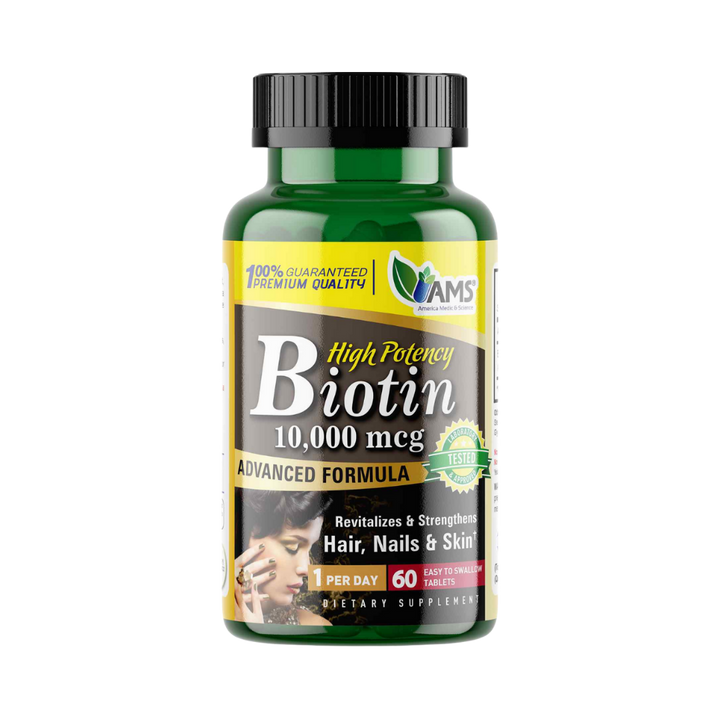 AMS Biotin 10,000 mcg dietary supplement, green bottle, 60 tablets, black cap
