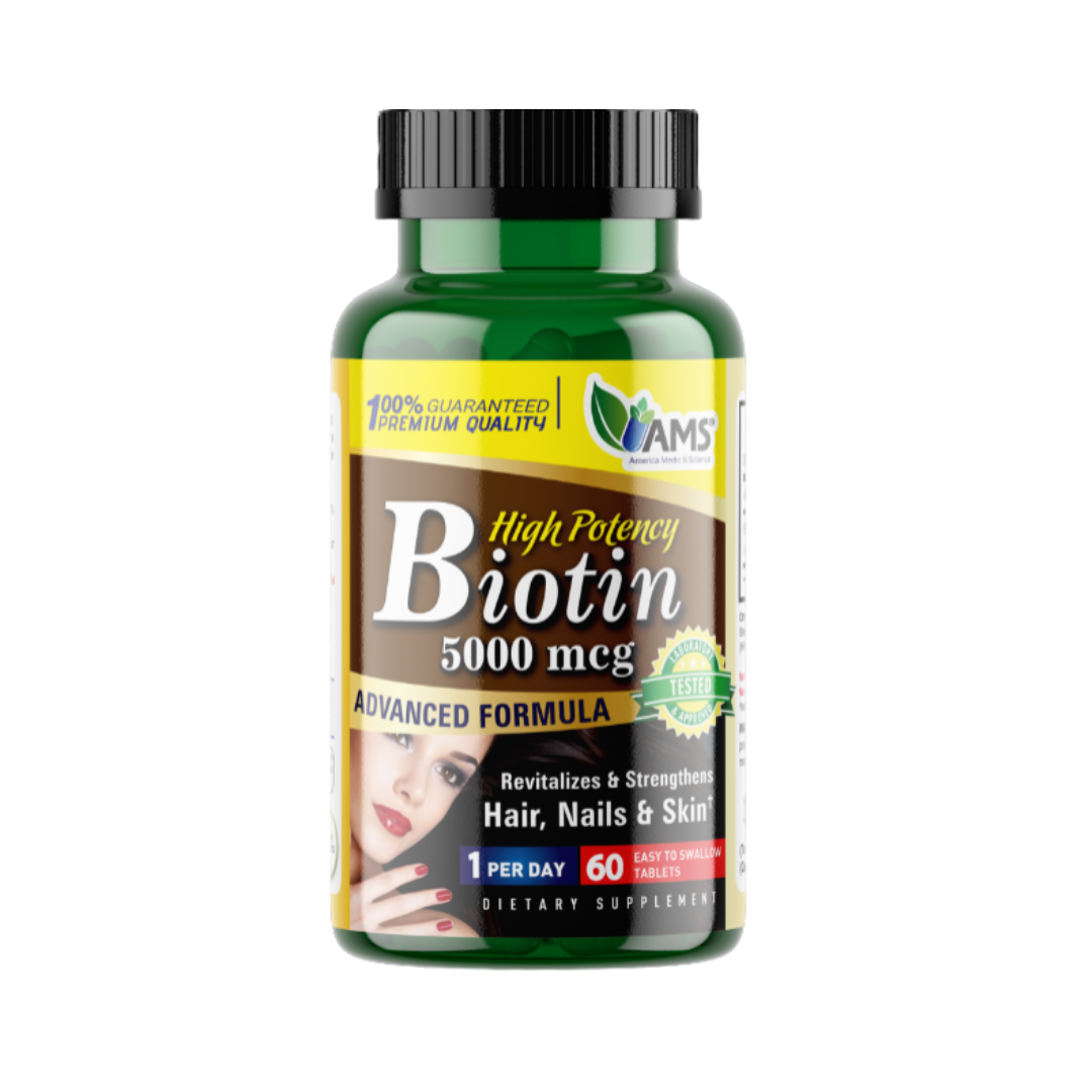 High Potency Biotin 5000 mcg, 60 tablets, green bottle, "Revitalizes & Strengthens Hair, Nails & Skin," "1 Per Day" and "Advanced Formula" labels.
