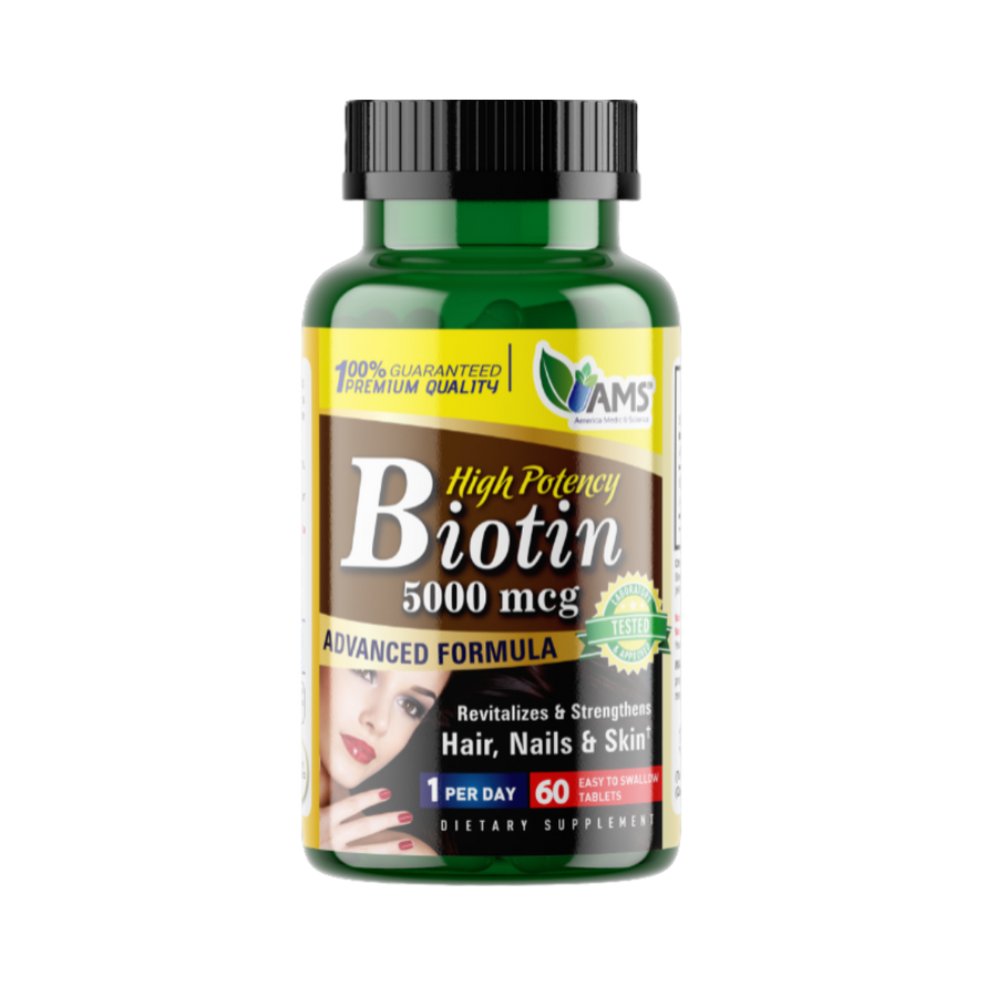 High Potency Biotin 5000 mcg, 60 tablets, green bottle, "Revitalizes & Strengthens Hair, Nails & Skin," "1 Per Day" and "Advanced Formula" labels.