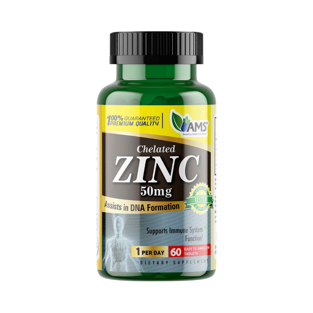 AMS Chelated Zinc 50 mg dietary supplement, green bottle, 60 tablets, black cap
