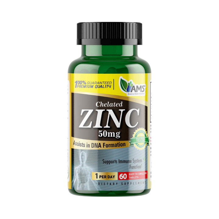 AMS Chelated Zinc 50 mg dietary supplement, green bottle, 60 tablets, black cap
