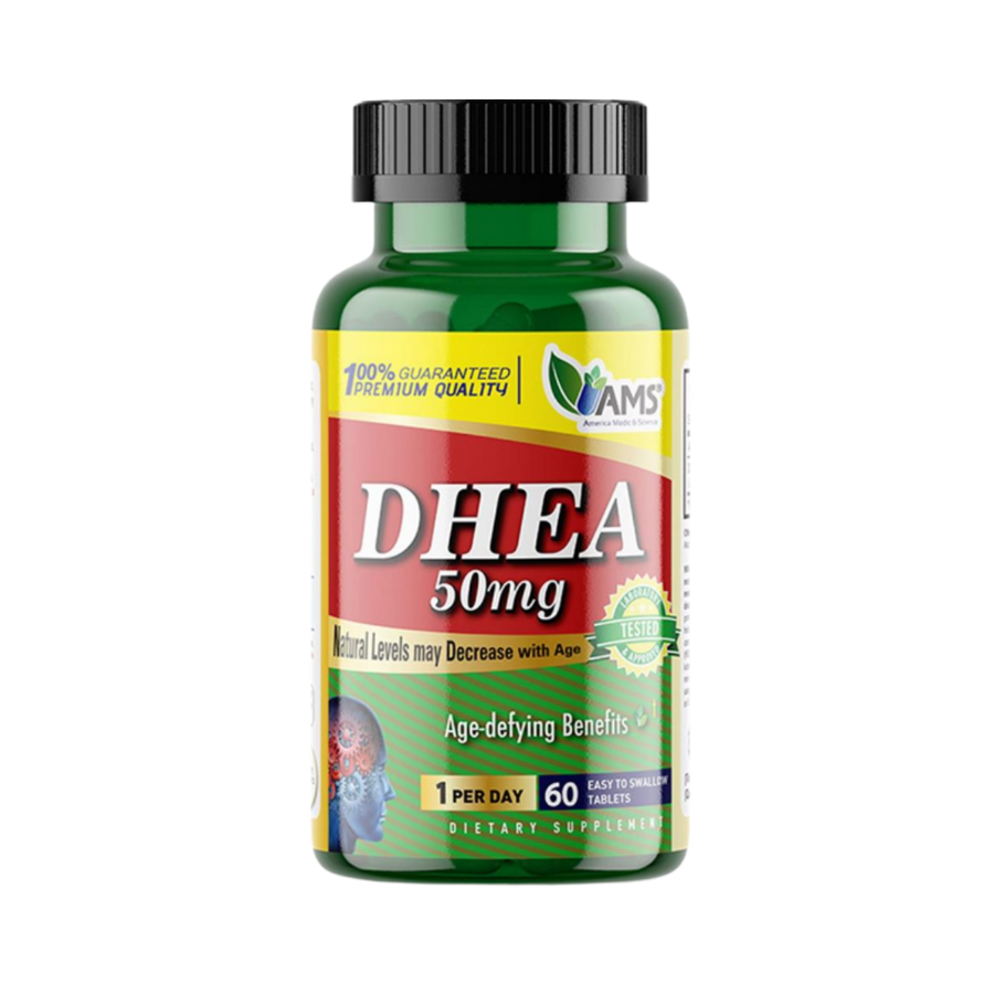 AMS DHEA 50mg, 60 tablets, green plastic bottle, dietary supplement, black cap, dosage text visible.