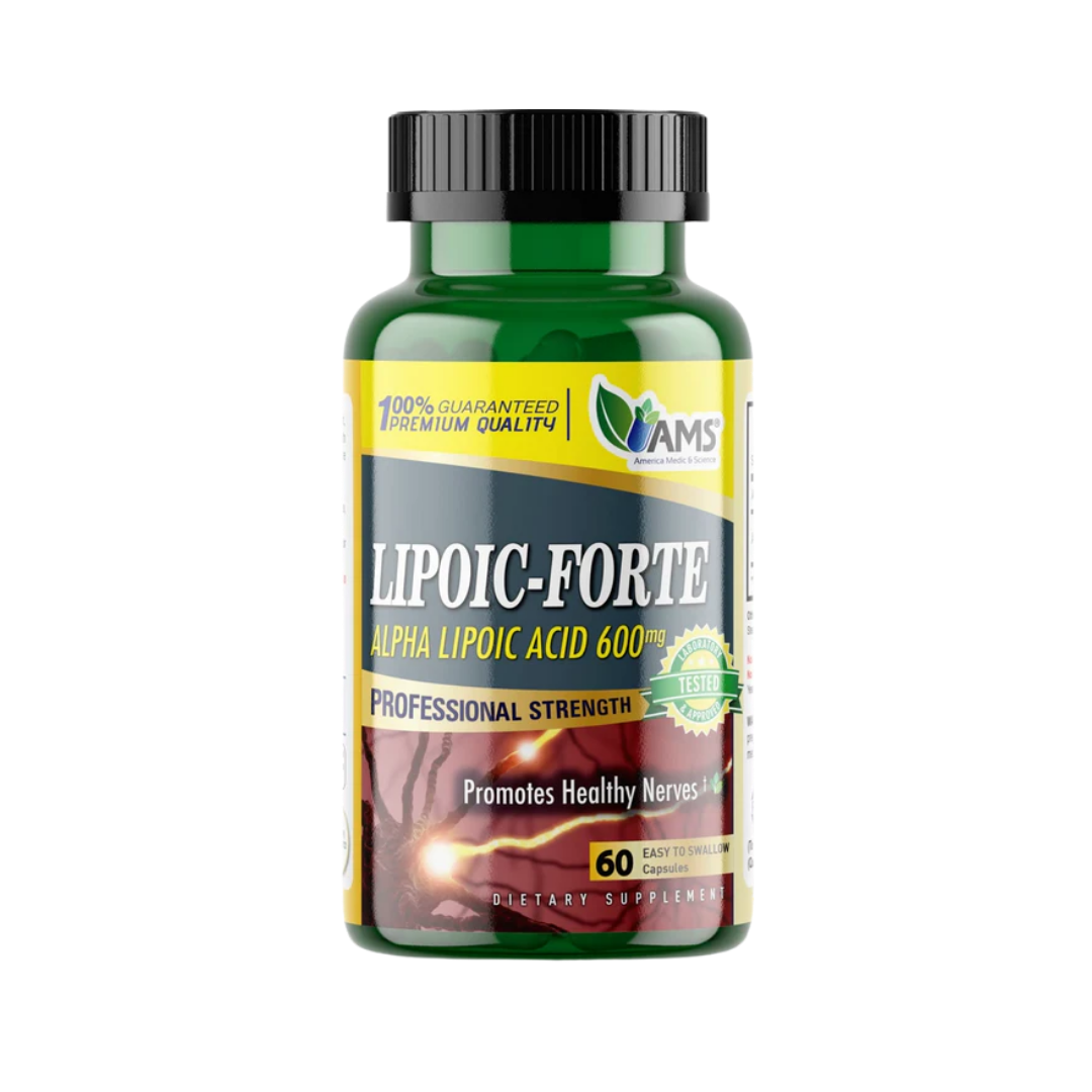 AMS Lipoic Forte alpha lipoic acid 600 mg capsules, 60-count green plastic bottle with black cap