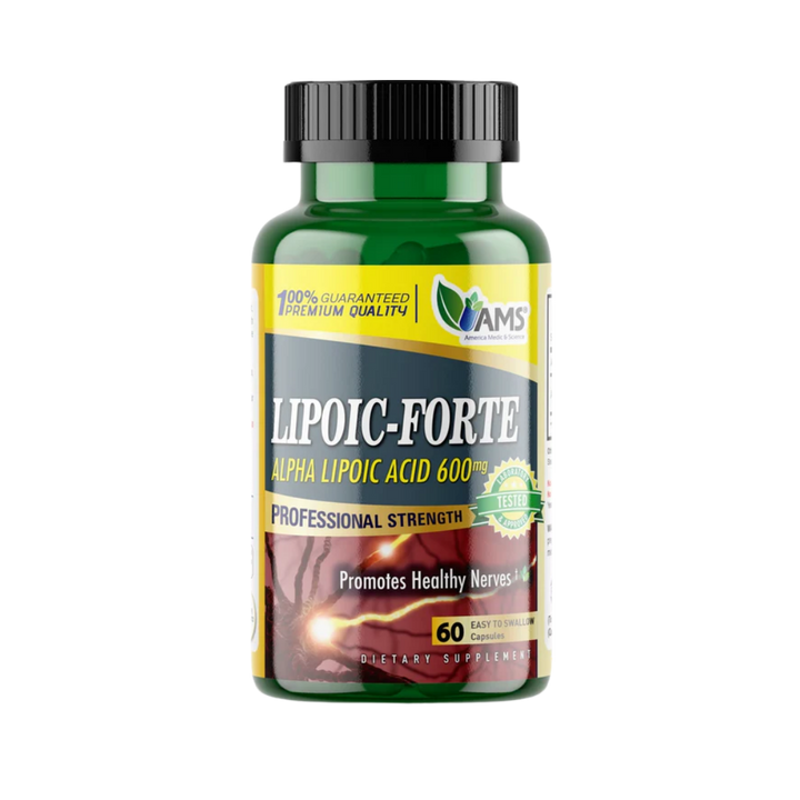 AMS Lipoic Forte alpha lipoic acid 600 mg capsules, 60-count green plastic bottle with black cap
