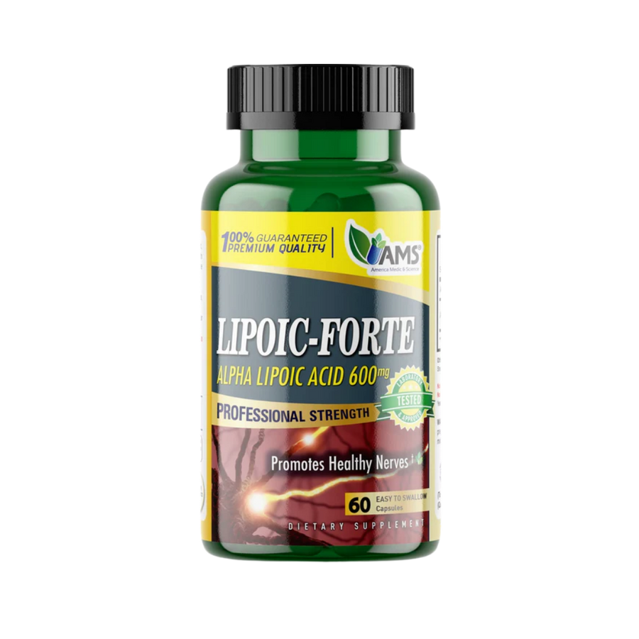 AMS Lipoic Forte alpha lipoic acid 600 mg capsules, 60-count green plastic bottle with black cap