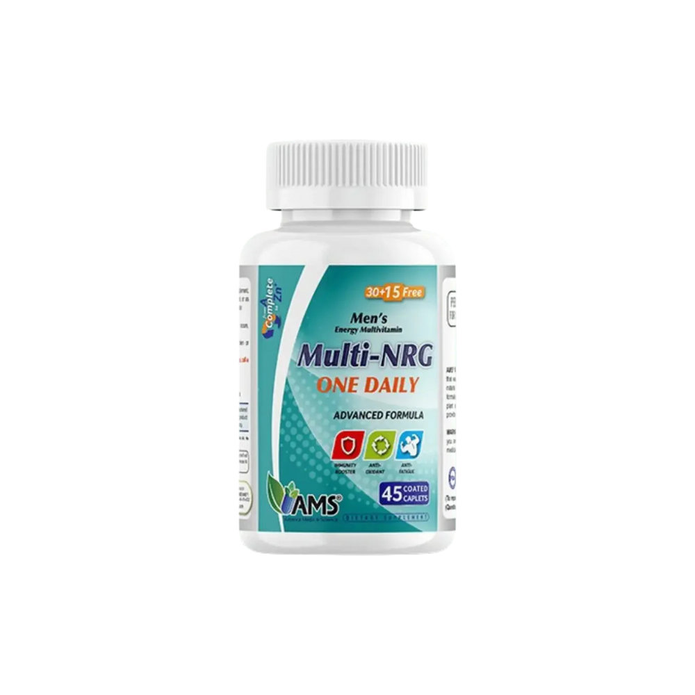 AMS Multi-NRG One Daily men’s multivitamin bottle, 45 coated caplets, white plastic container with teal label