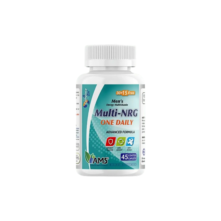 AMS Multi-NRG One Daily men’s multivitamin bottle, 45 coated caplets, white plastic container with teal label
