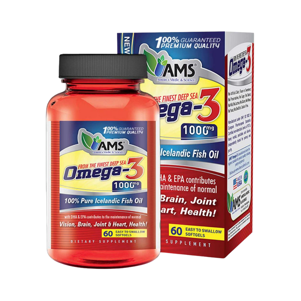 AMS Omega-3 fish oil supplement 1000 mg bottle with box, 60 softgels, red packaging