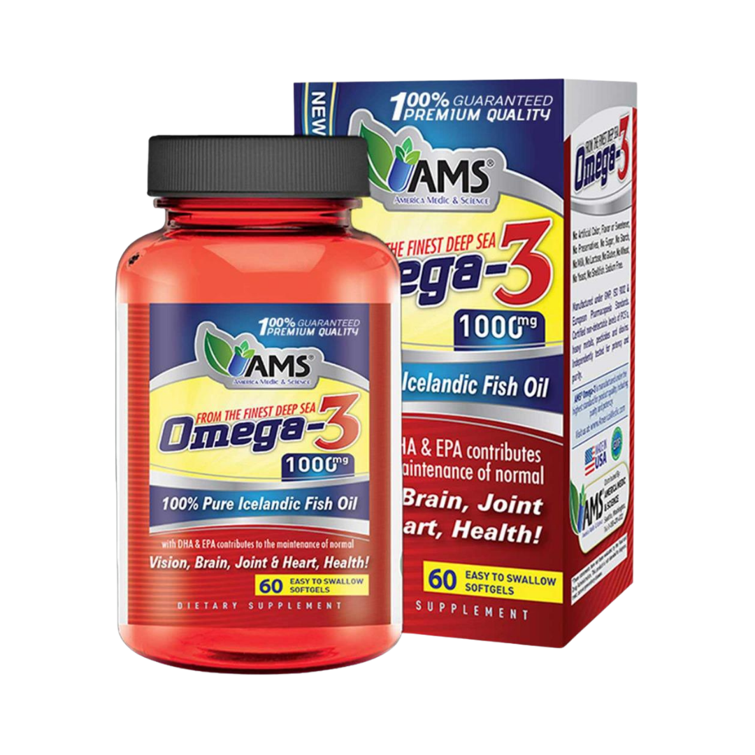 AMS Omega-3 fish oil supplement 1000 mg bottle with box, 60 softgels, red packaging