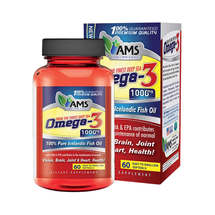 AMS Omega-3 fish oil supplement 1000 mg bottle with box, 60 softgels, red packaging