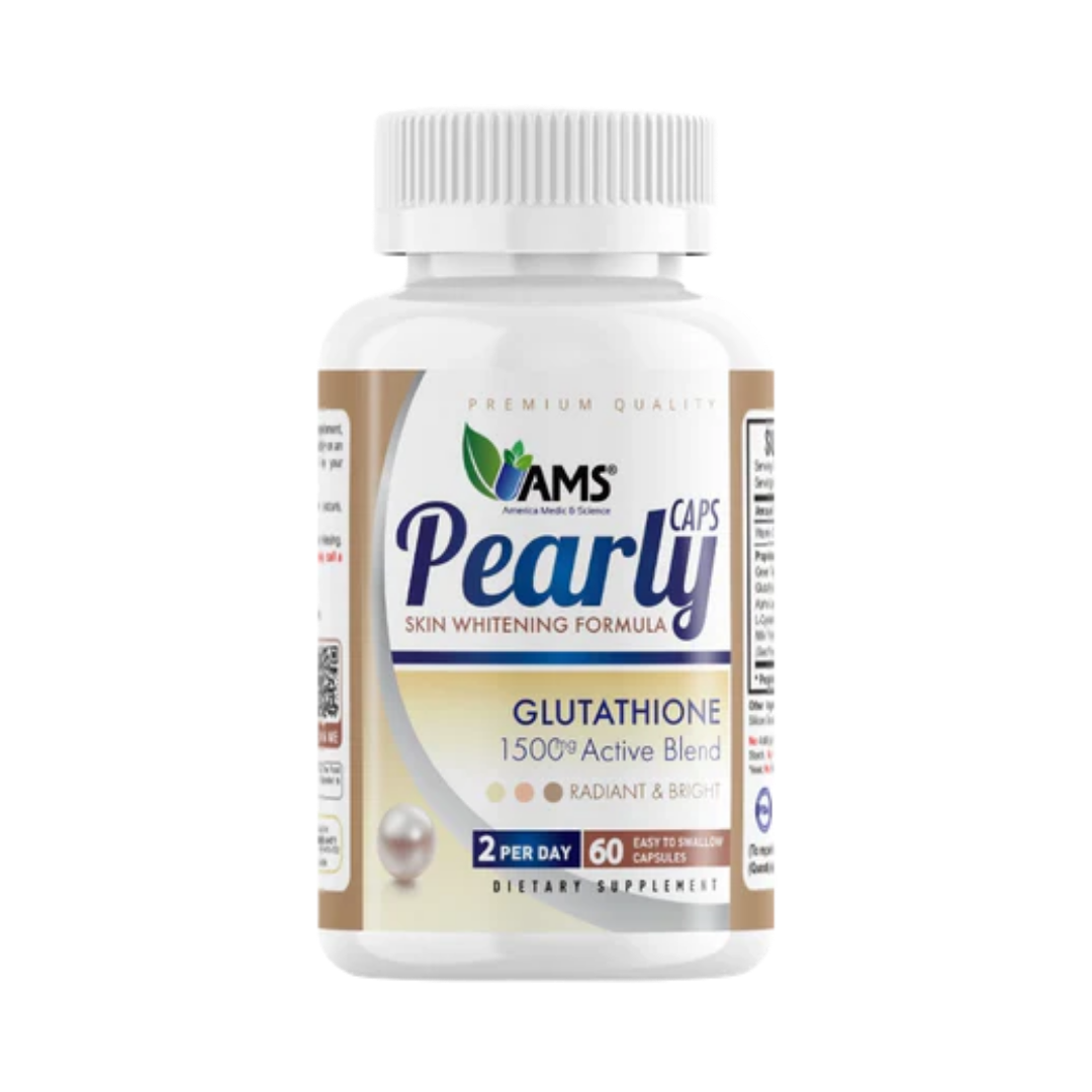 AMS Pearly Caps glutathione dietary supplement capsules, skin whitening formula, 60 capsules bottle, white plastic packaging