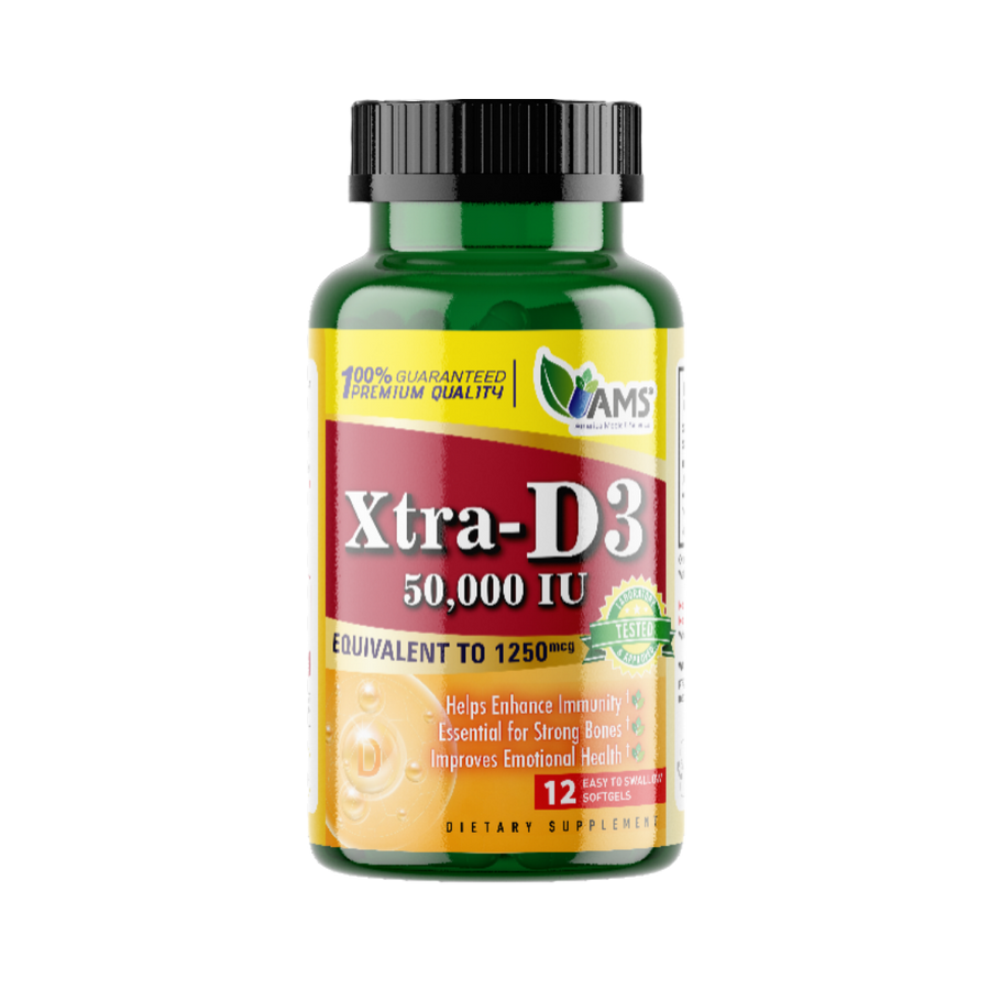 Xtra-D3 50,000 IU, 12 softgels, green bottle, "Helps Enhance Immunity" and "Essential for Strong Bones" labels, dietary supplement.