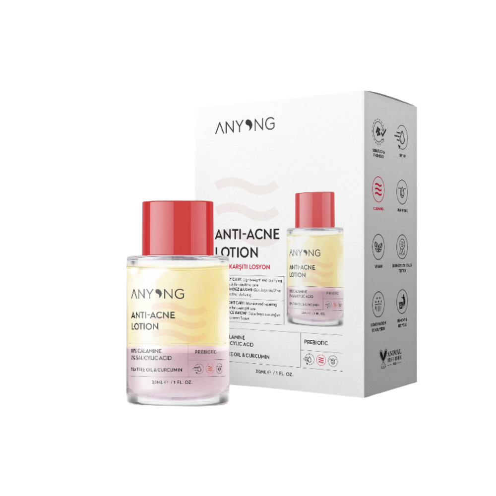 Anyong Anti-Acne Lotion, 30ml, with 10% Calamine, 2% Salicylic Acid, Tea Tree Oil, and Curcumin, formulated with prebiotics for acne-prone skin.