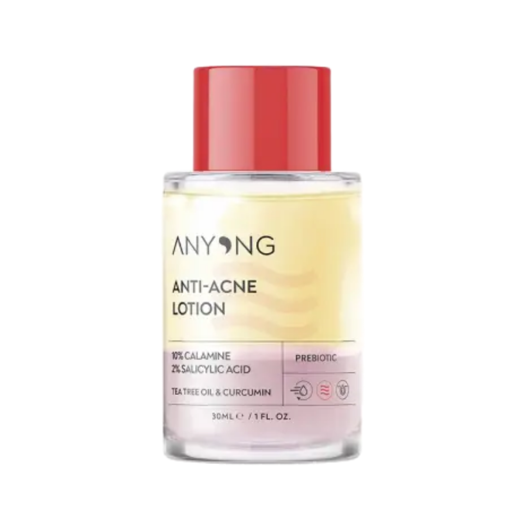 ANYONG Anti-Acne Lotion 30ml – transparent bottle with red cap, labeled with key ingredients: 10% Calamine, 2% Salicylic Acid, Tea Tree Oil, and Curcumin.