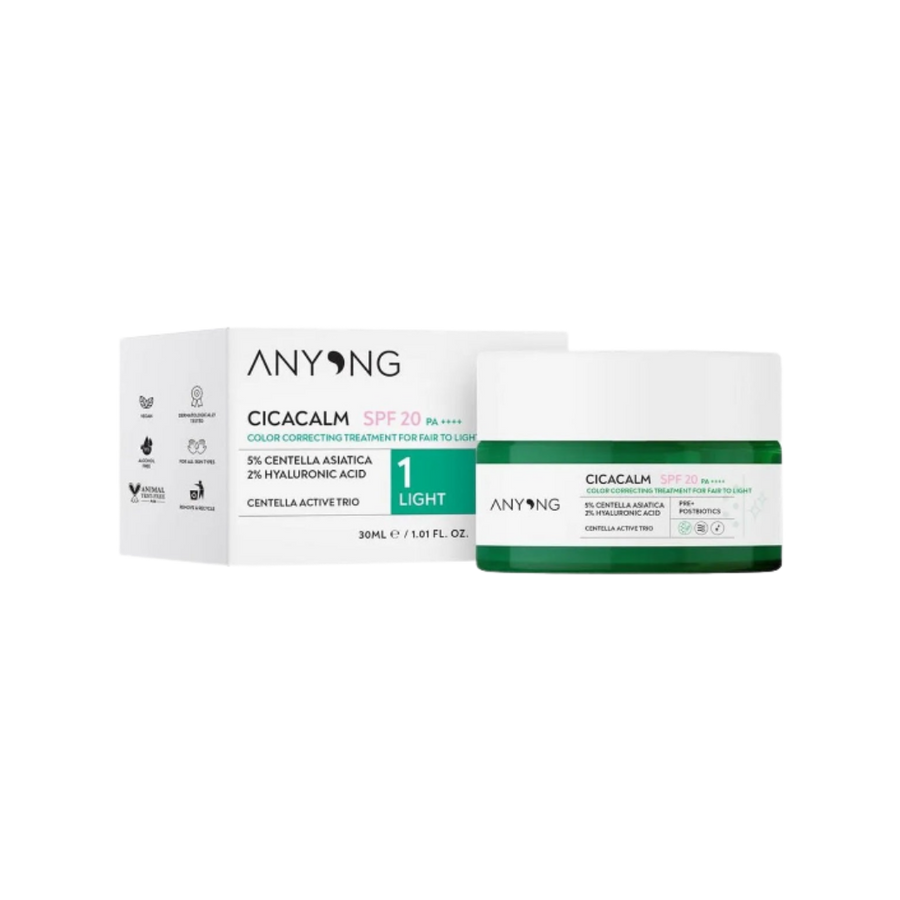 Anyong CicaCalm SPF 20 Color Correcting Treatment, 30ml, for fair to light skin tones, containing 5% Centella Asiatica and 2% Hyaluronic Acid.
