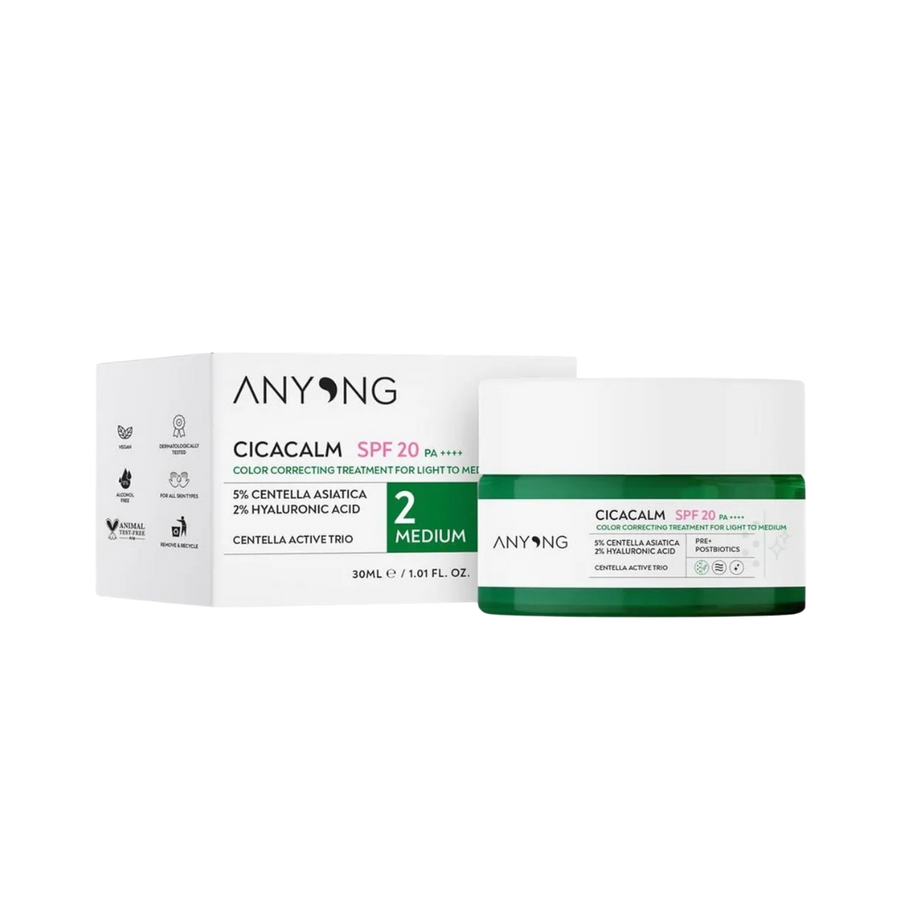 Anyong Cicacalm SPF 20 PA+++ Color Correcting Treatment for Light to Medium Skin, 30ml, with 5% Centella Asiatica and 2% Hyaluronic Acid.