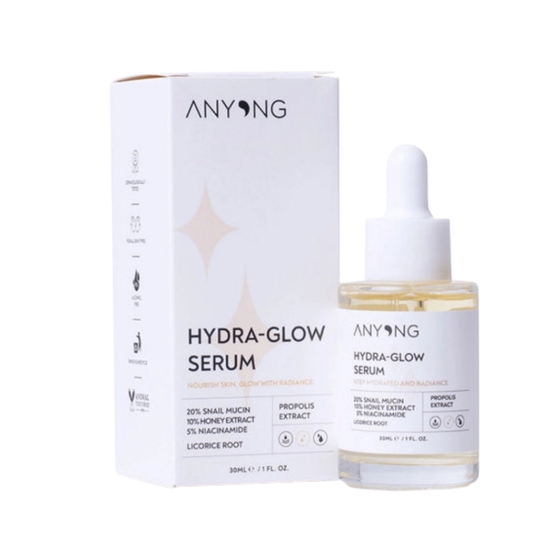 ANYONG Hydra-Glow Serum 30ml dropper bottle with matching white box, honey and niacinamide label