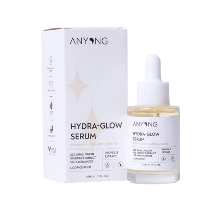 ANYONG Hydra-Glow Serum 30ml dropper bottle with matching white box, honey and niacinamide label