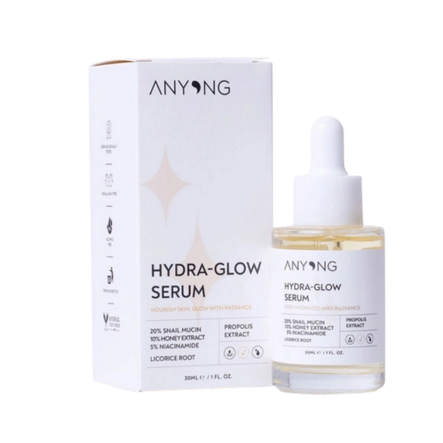 ANYONG Hydra-Glow Serum 30ml dropper bottle with matching white box, honey and niacinamide label