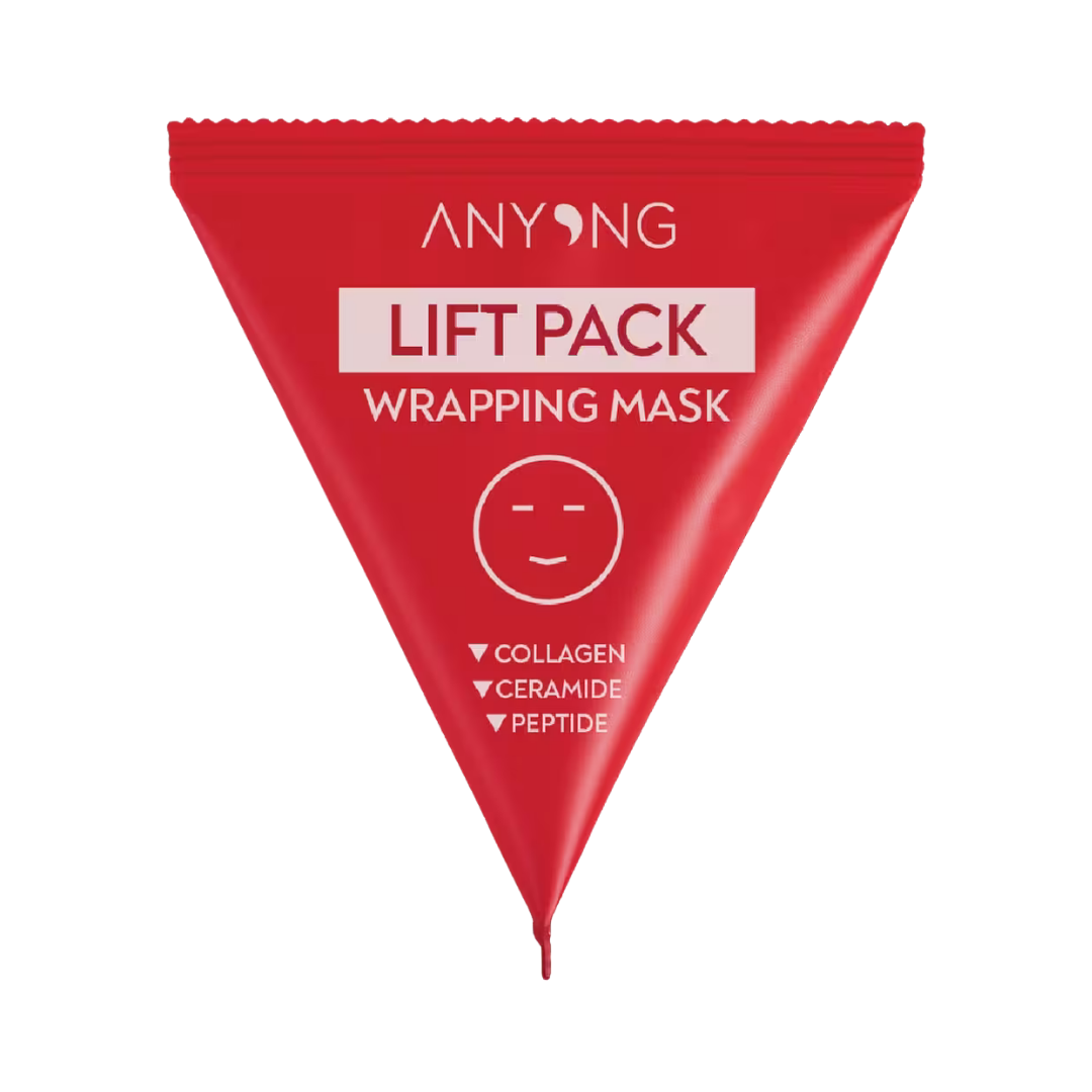 ANYONG Lift Pack Wrapping Mask in a red triangular sachet, containing 7ml, with collagen, ceramide, and peptide ingredients.