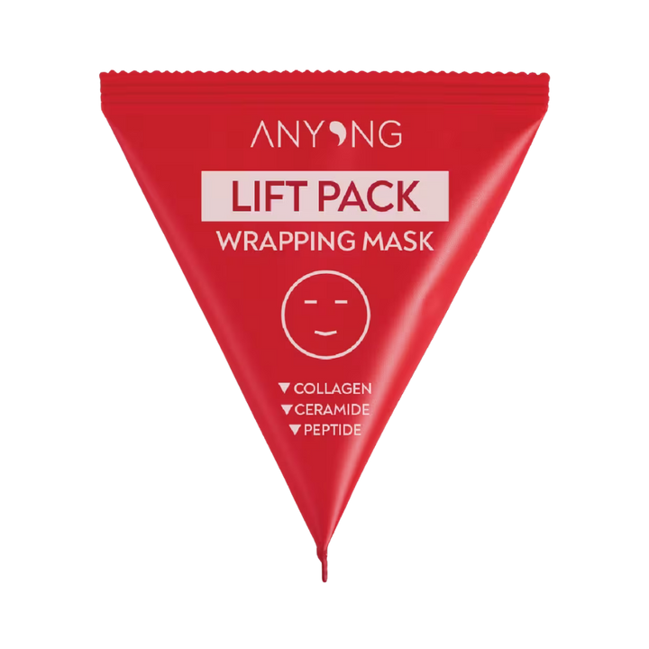 ANYONG Lift Pack Wrapping Mask in a red triangular sachet, containing 7ml, with collagen, ceramide, and peptide ingredients.