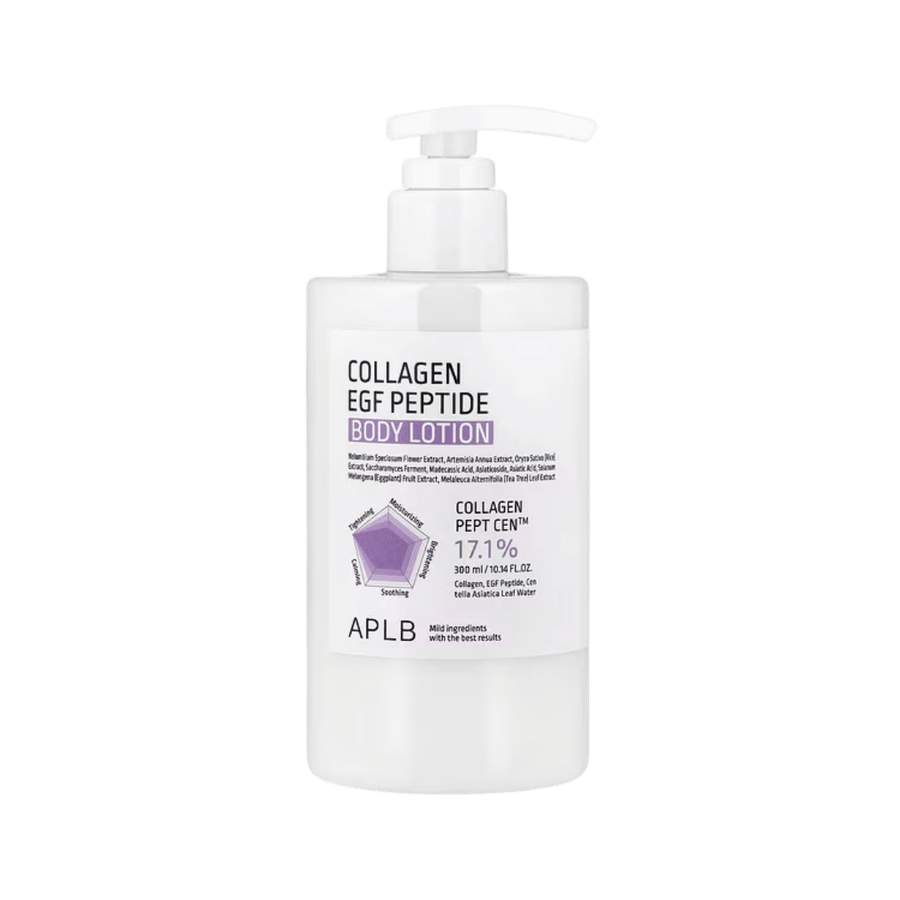 Collagen and EGF peptide body lotion, lightweight moisturizing formula with Centella Asiatica for sensitive dry skin.