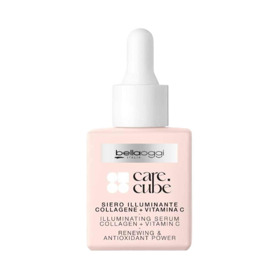 Belloggi Care Cubè Illuminating Serum with Collagen + Vitamin C in a pink dropper bottle.