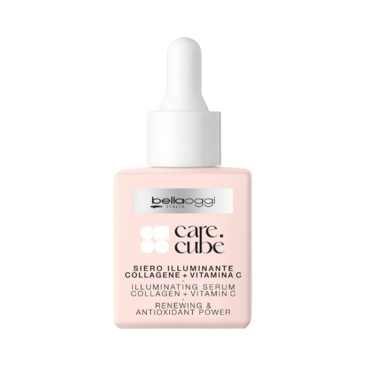 Belloggi Care Cubè Illuminating Serum with Collagen + Vitamin C in a pink dropper bottle.