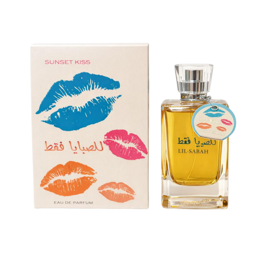 Lil Sabah Sunset Kiss eau de parfum bottle with clear glass and matching box with lip prints
